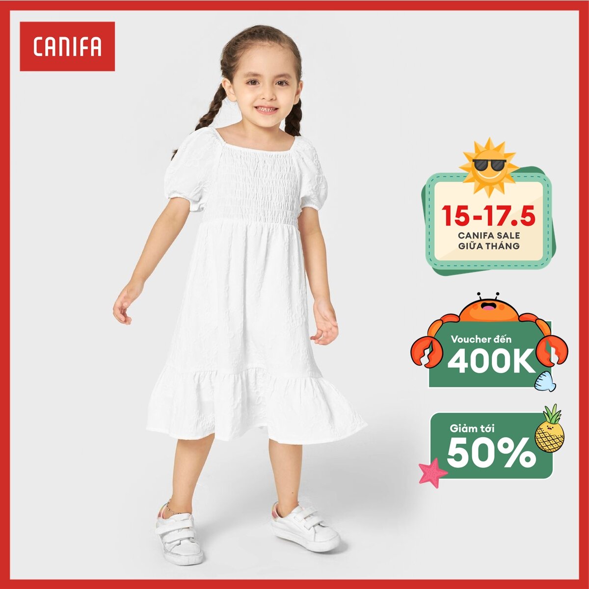 Váy đuôi cá bé gái CANIFA polyester spandex, tay bồng, chạy chỉ chun ngực 1DS22C012
