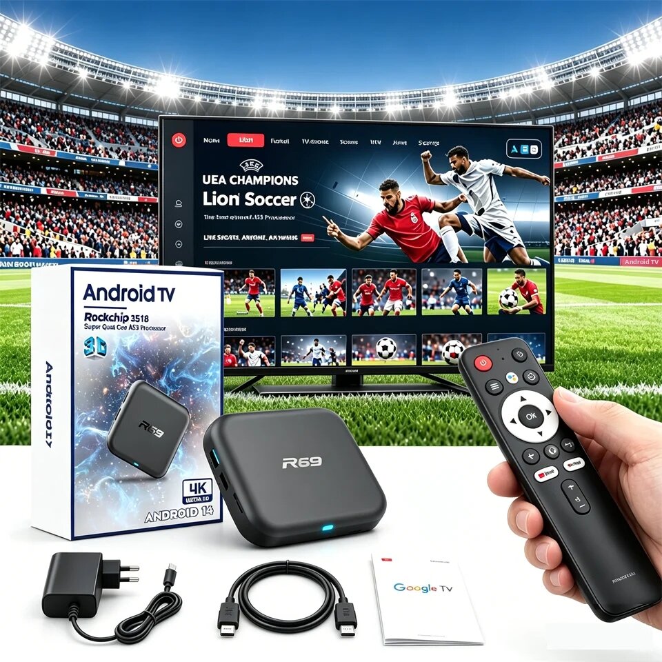Android 14.0 Smart TV Box R69-1 4K RK3518 Bluetooth 5.0 WiFi 6 8GB RAM 128GB ROM Hỗ Trợ Đa Ngôn Ngữ Cho Netflix YouTube Prime Video