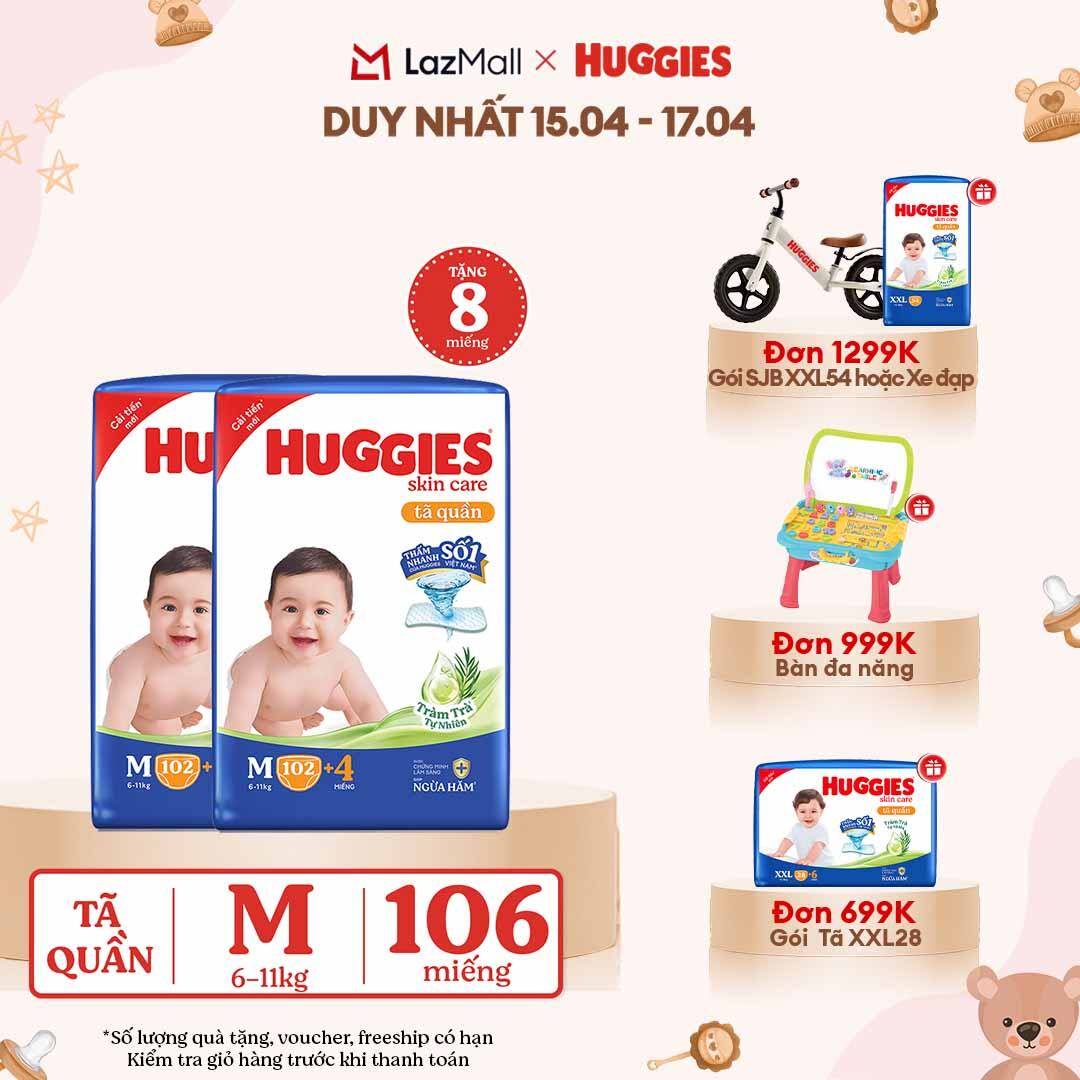 [CHỈ 18-24.04 GIẢM THÊM 90K] Combo 2 Gói Tã/bỉm quần HUGGIES SKINCARE MEGA JUMBO size M102+4 miếng