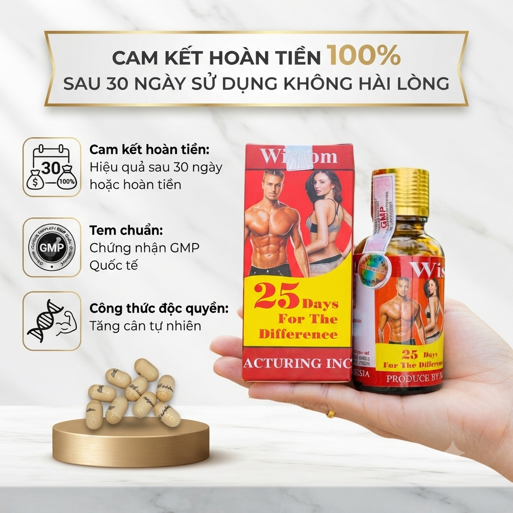 Vitamin Tăng cân wisdom weight hộp 25 viên, tăng cân wisdom weight chính hãng indonesia an toàn không tích nước