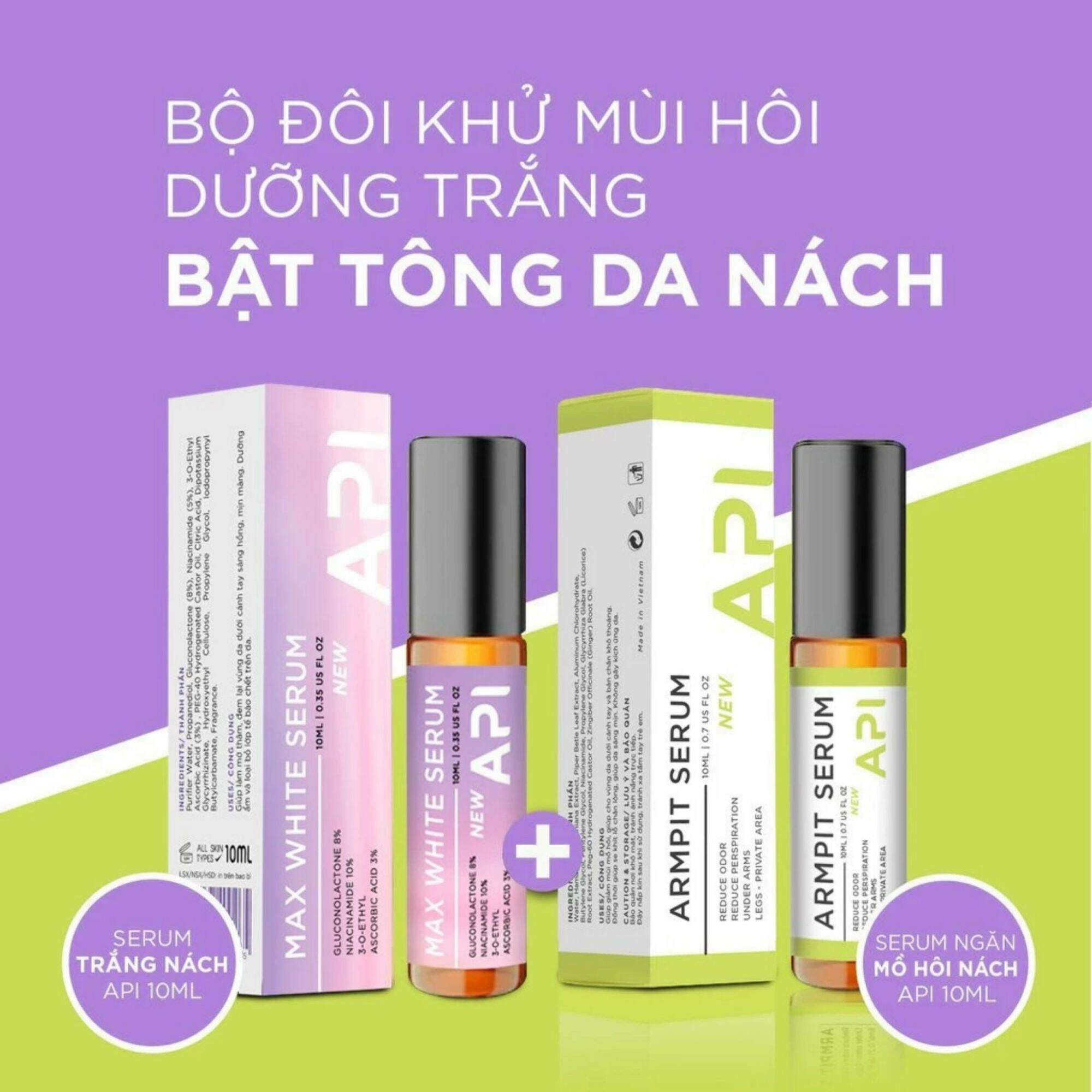 [CAM KẾT CHÍNH HÃNG]  Bộ Đôi Khử Mùi Hôi Nách + Dưỡng Trắng Nách API 10ml | Son nách API mờ thâm nách, khử mùi trắng da 10ml