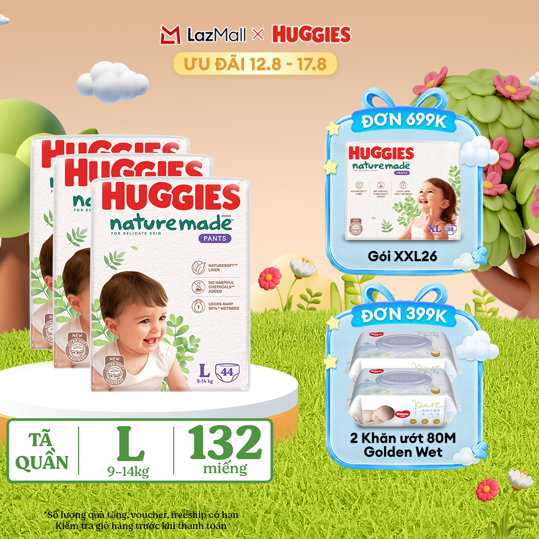 [12-17.08 QUÀ TẶNG ĐƠN 399K]  Combo 3 Tã/Bỉm quần HUGGIES PLATINUM NatureMade L44 (9-14kg)-Gói Jumbo 44 miếng
