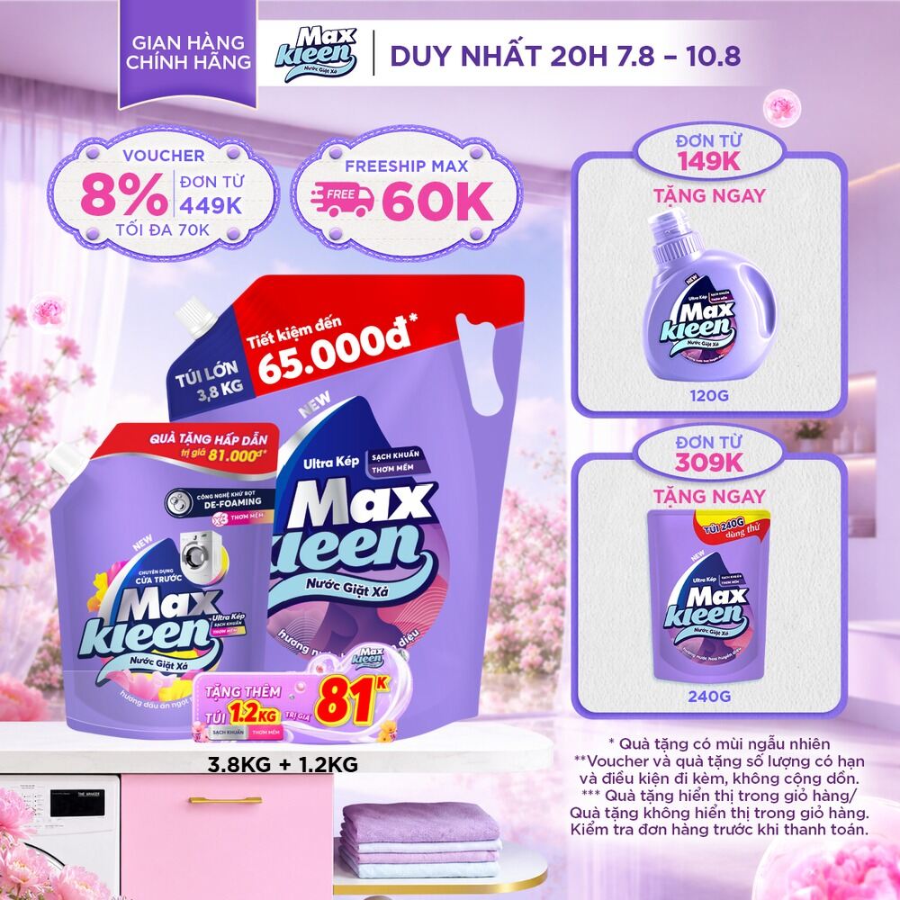 [Tặng kèm nước giặt xả 1kg2 ngẫu nhiên] Nước giặt xả cho máy giặt MaxKleen hương Hoa nắng/ Huyền diệu/ Dấu ấn Ngọt Ngào 3.8kg