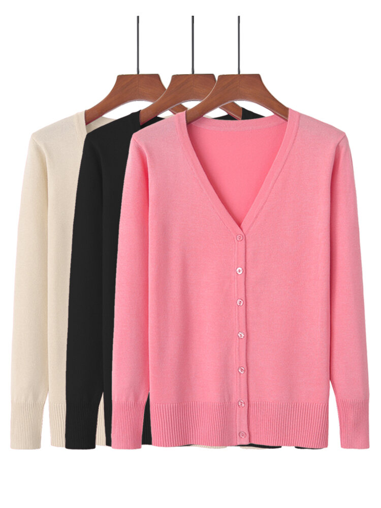 Áo Len Dệt Kim Mỏng Nhẹ Đầu Xuân Thu Cho Nữ, Áo Khoác Ngoài Rộng Rãi, Cổ Chữ V, Áo Len Cardigan, Chất Liệu Nylon, Dài Tay, Màu Trơn