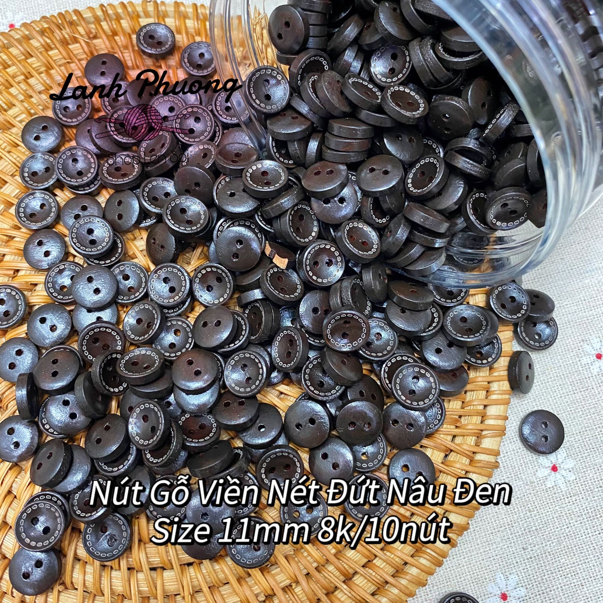 Nút Gỗ Viền Nét Đứt Vàng Sáng (set 10 cái)