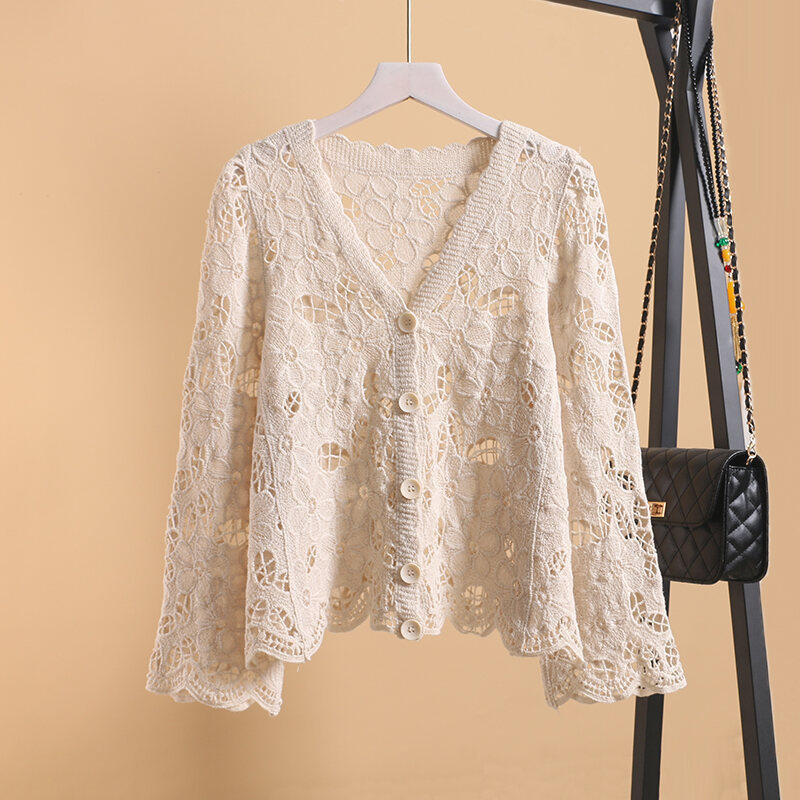 Áo Len Cardigan Hở Khoét Mỏng Màu Trắng Mùa Hè Cho Nữ Áo Khoác Ngoài Ren Rộng Rãi Ngắn Đa Năng Áo Khoác Ngoài Nhỏ