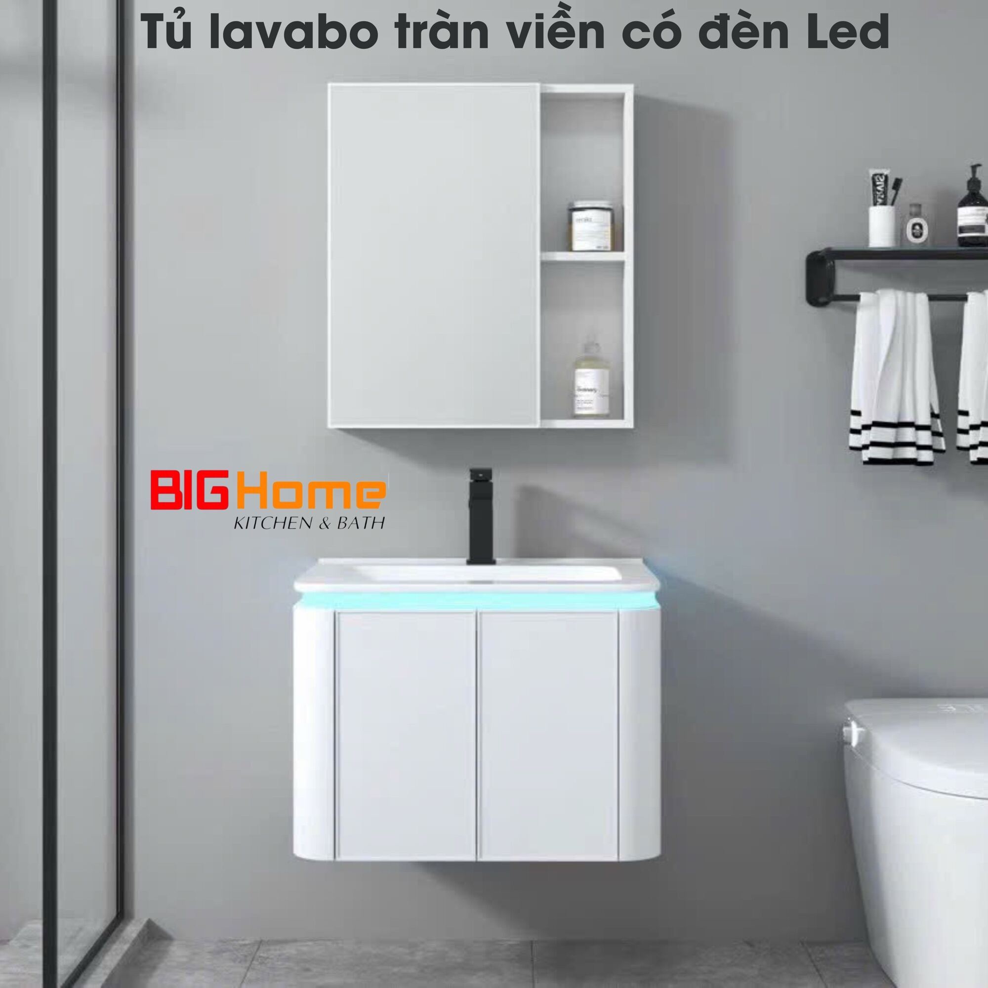 Tủ Lavabo treo tường có tủ gương lavabo sứ nano tràn viền đèn LED 60x47cm kèm sạc dự phòng tủ rửa mặ