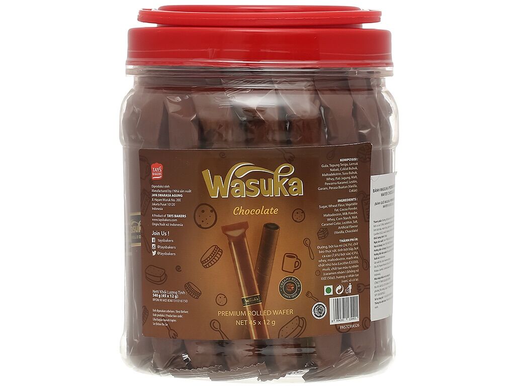 Bánh quế Wasuka hủ 50 cây. Indonesia, Nhân Sôcôla