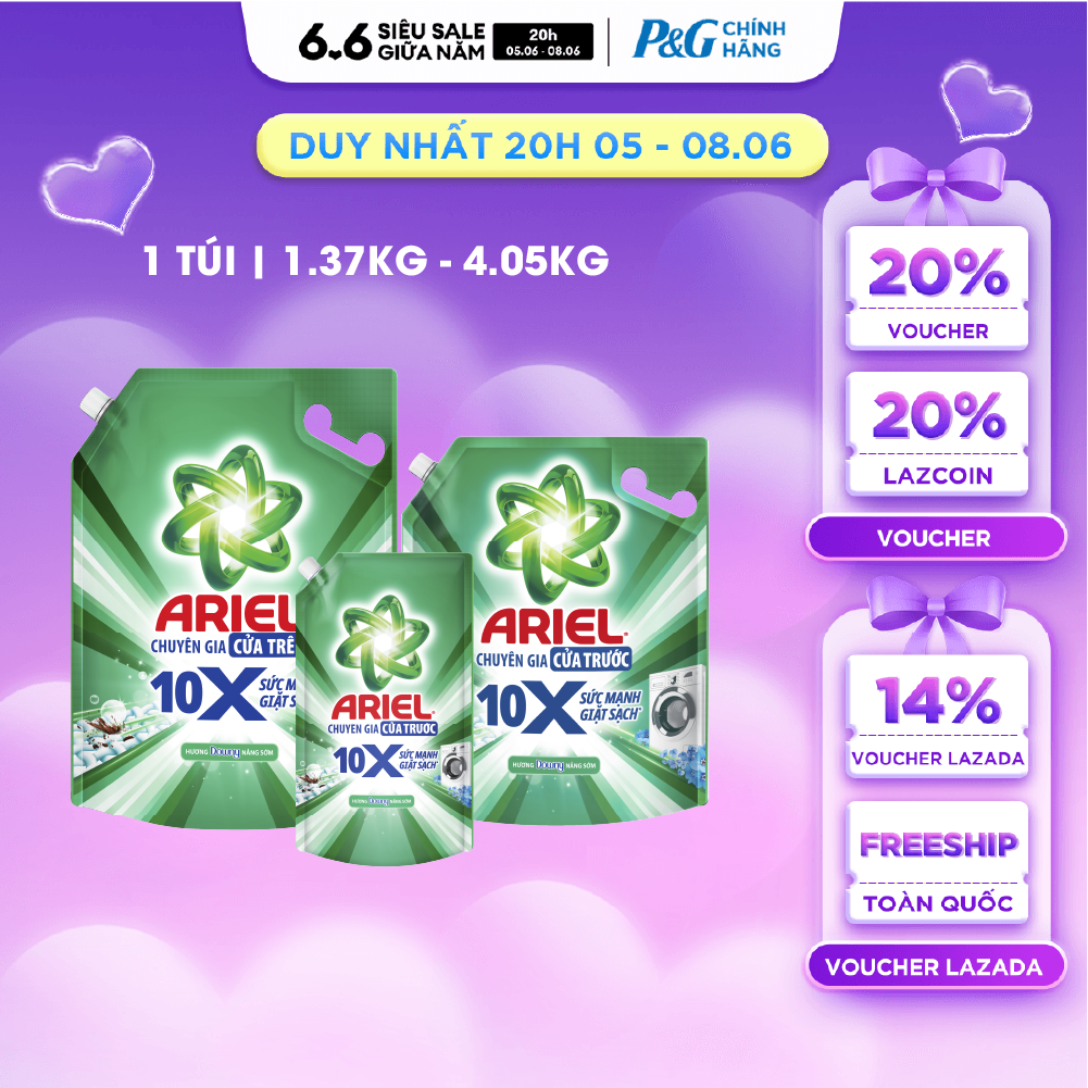 Nước Giặt Gel ARIEL 10X Sức Mạnh Giặt Sạch Chuyên Gia Cửa Trước - Cửa Trên Hương Downy Nắng Sớm Túi 1.37-4.05KG
