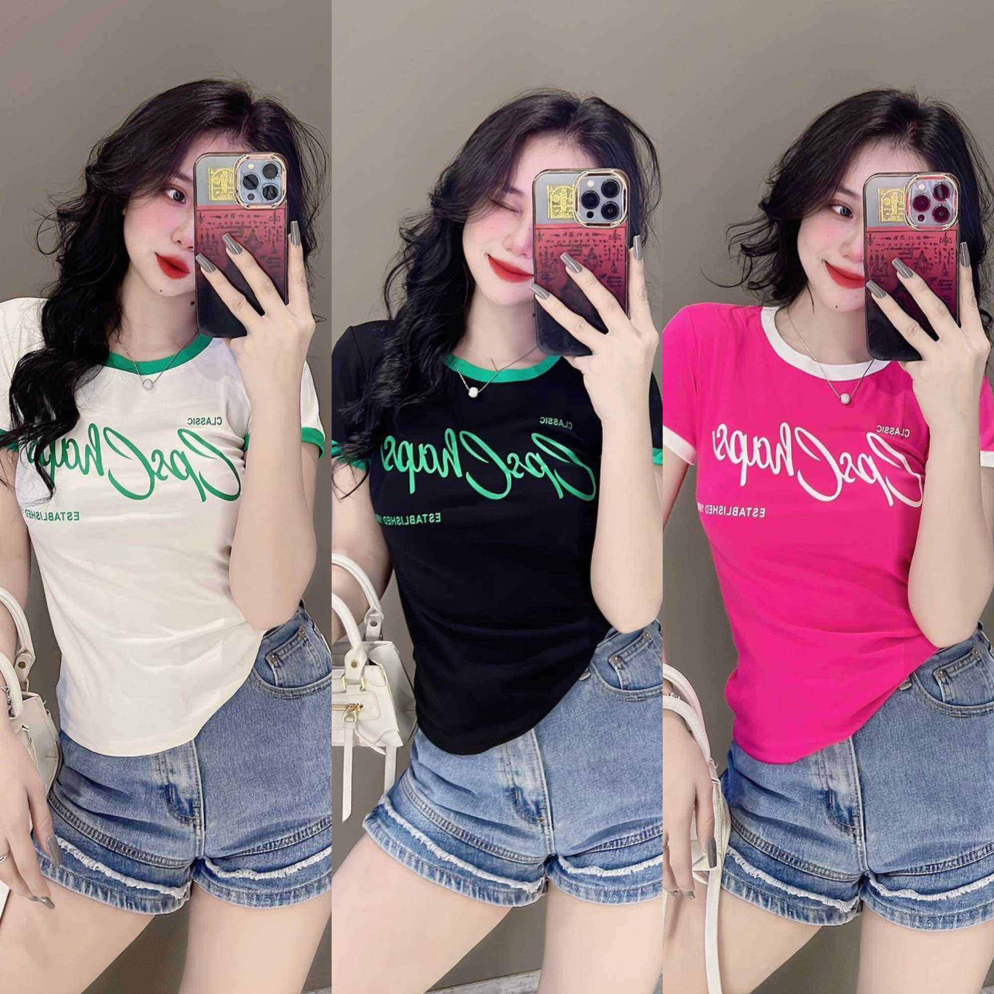 Áo thun dáng ôm nữ tay ngắn viền phối chữ ( CPS mã 787 )