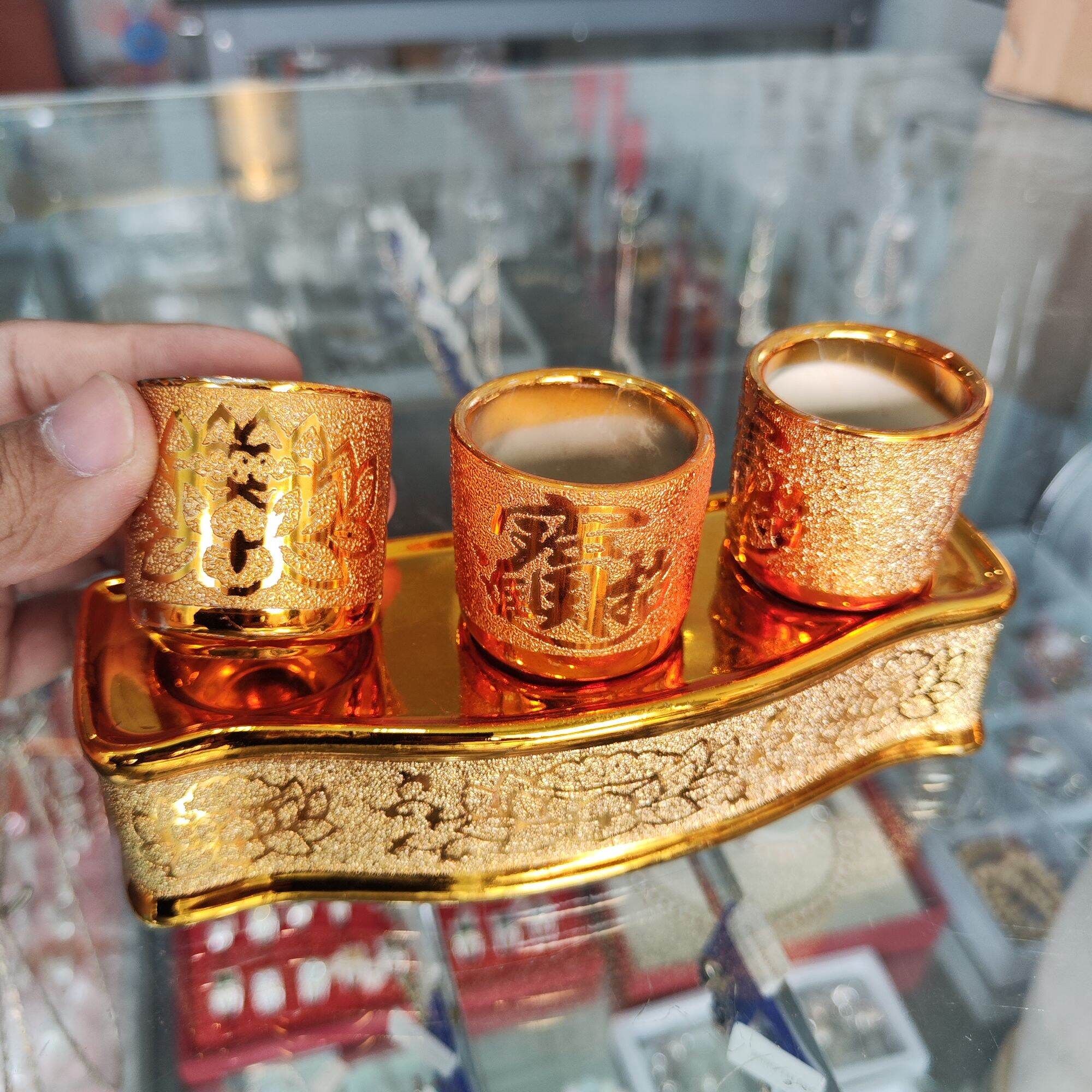 Bộ Áng 3 Ly Nước Thờ Cúng Kim Sa Vàng