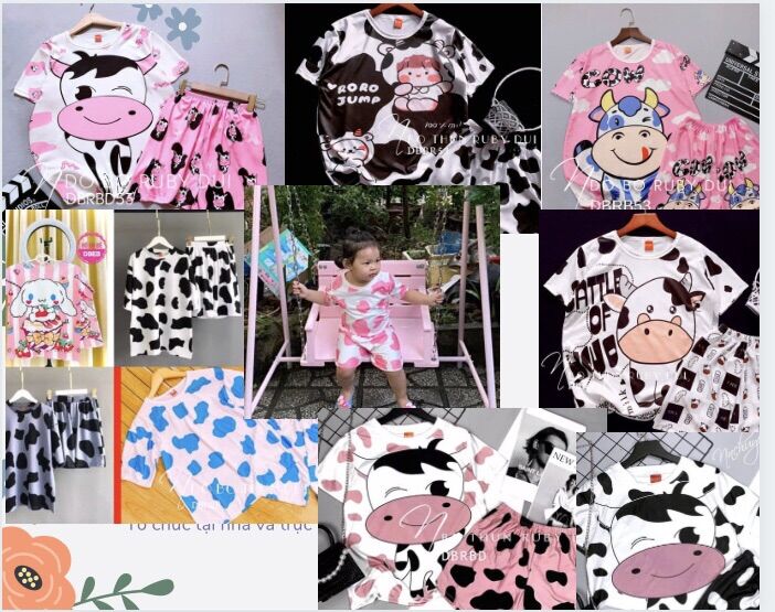 Đồ bộ bò sữa thun lạnh cho bé trai, bé gái, người lớn mặc nhà kiểu dáng tay ngắn, quần đùi size từ 7kg-60kg