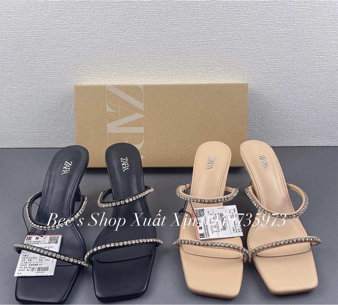 Giày Zara new 2023 gót nhọn mũi vuông đính đá Full box tag
