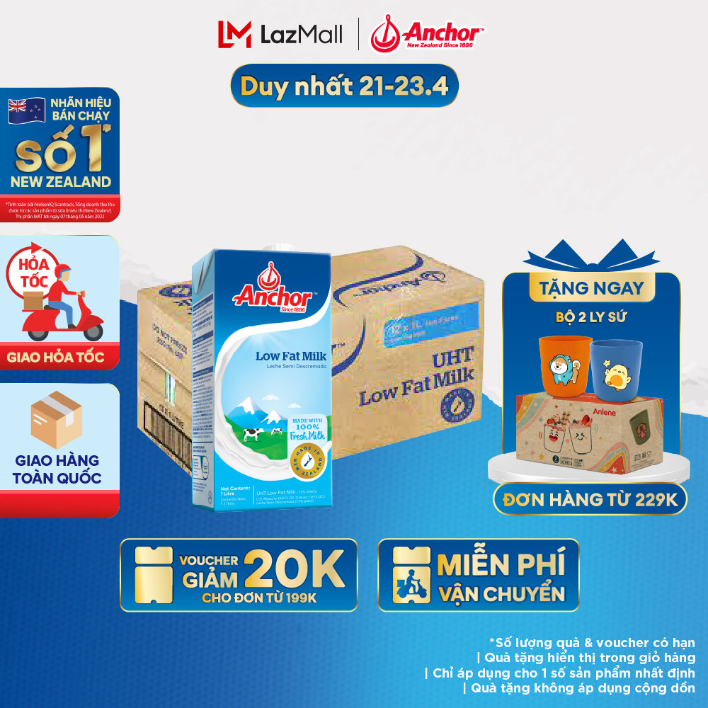 [GIAO HÀNG HỎA TỐC - HCM] Thùng 12 Hộp Sữa Tươi Tiệt Trùng Anchor Ít Béo Hộp 1 Lít