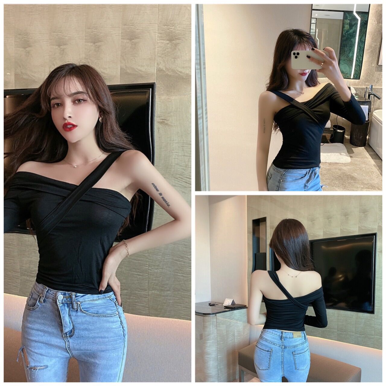 Áo kiểu croptop thun nữ một tay phối trễ vai dây chéo thời trang cho nữ