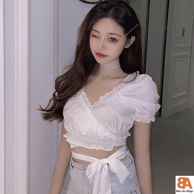 [HCM]Áo kiểu nữ form croptop chất kate lụa nhún dây cột eo