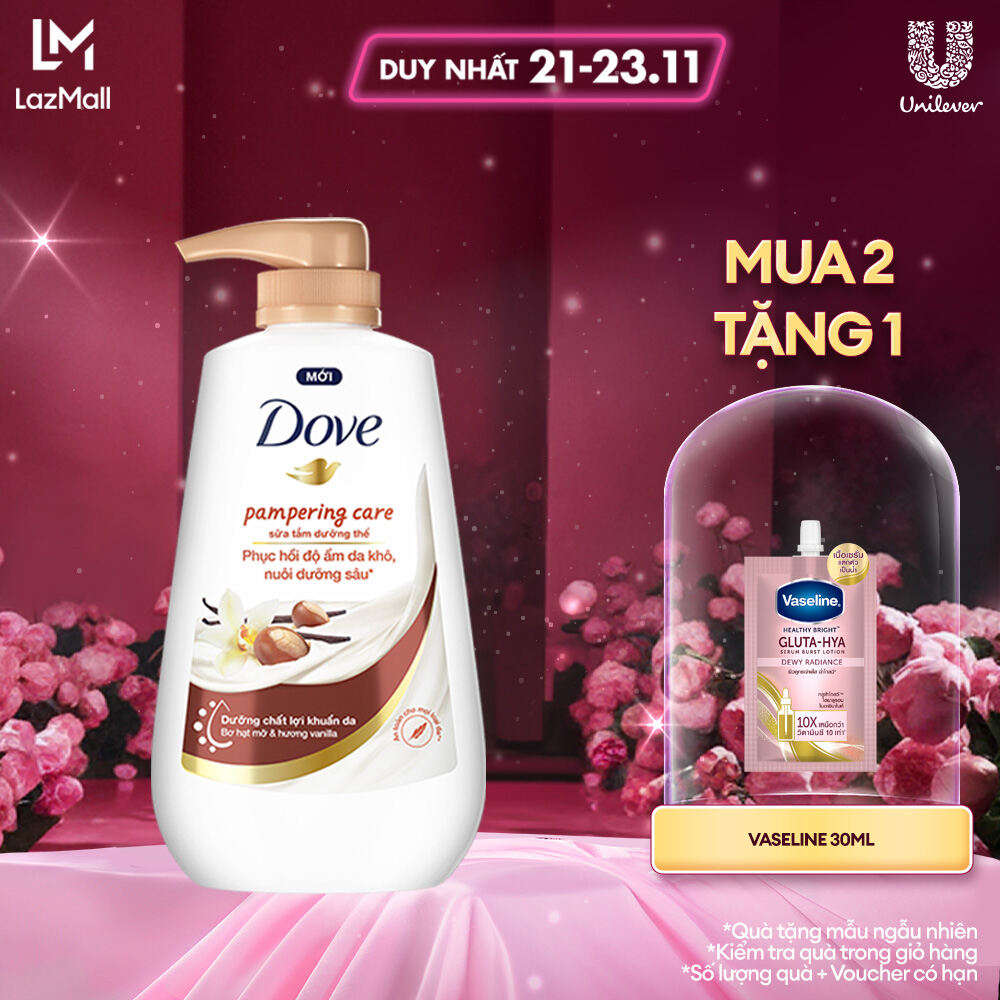 Sữa tắm dưỡng thể Dove Pampering Care phục hồi độ ẩm da khô với bơ hạt mỡ và hương hoa vanilla 500g