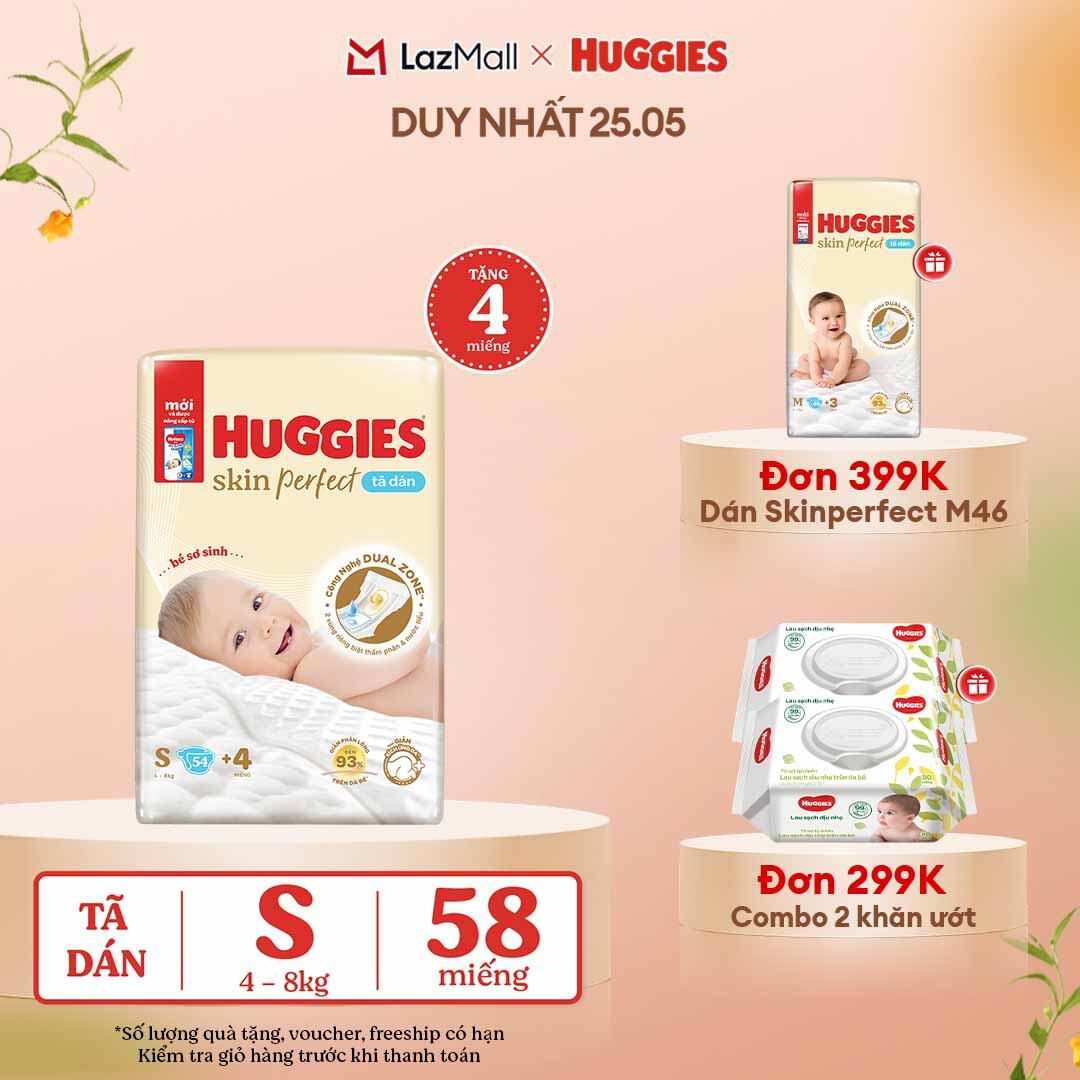[CHỈ 25-29.05 QUÀ TẶNG ĐƠN 0Đ]  Tã/bỉm dán sơ sinh Huggies Skin Perfect S 54 miếng với 2 vùng thấm giảm kích ứng da