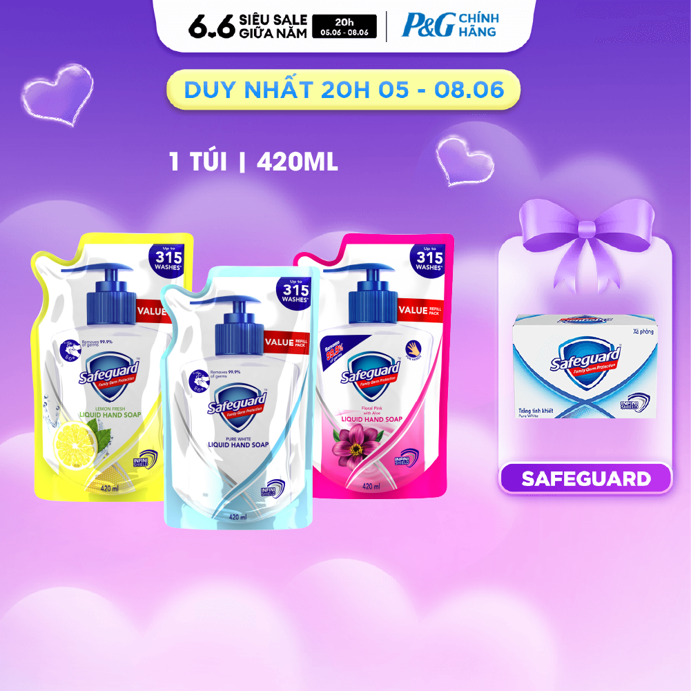 Nước rửa tay sạch khuẩn Safeguard Hương Arctic/ Pure White/ Pink Túi 420ml - Thái Lan