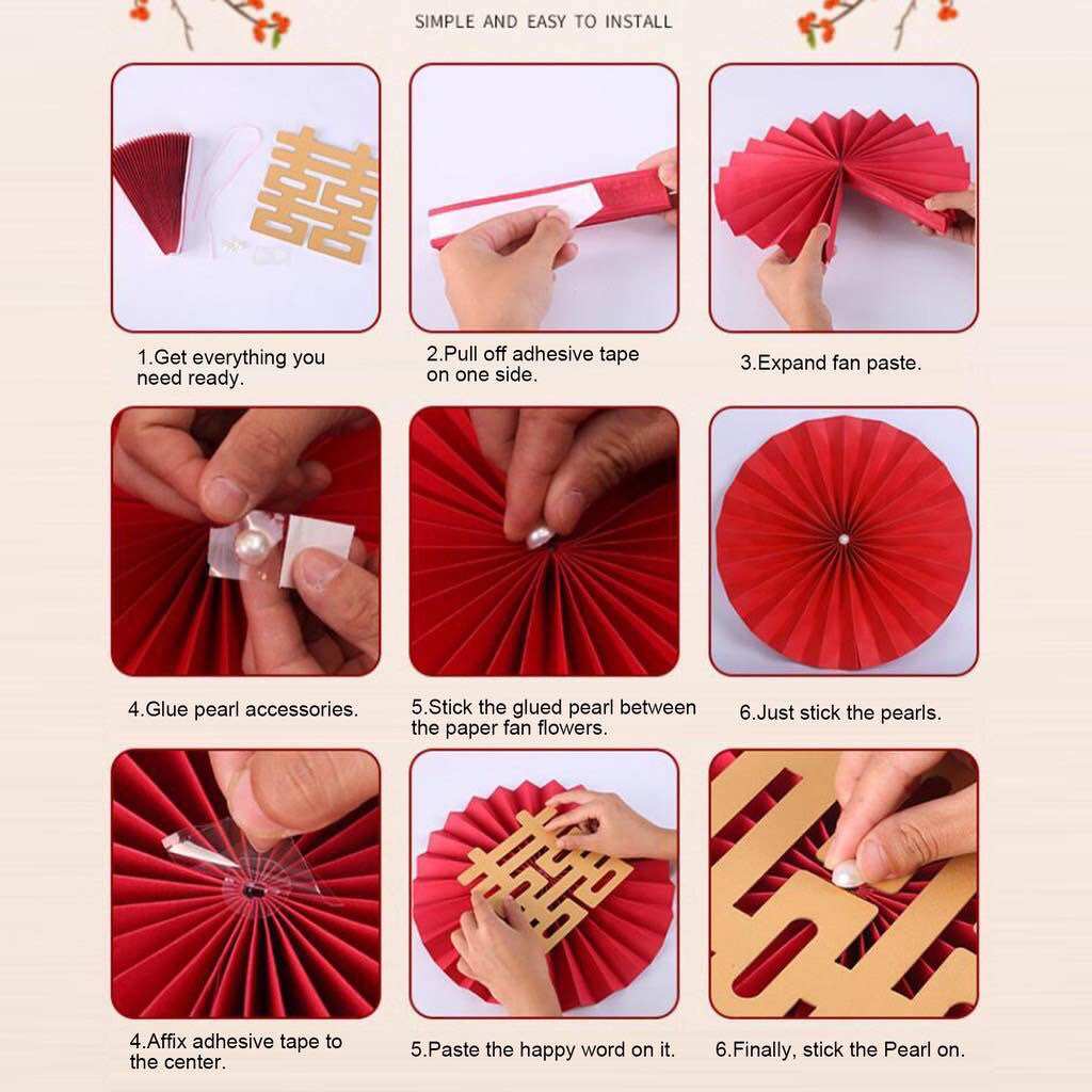 Set 6 quạt đỏ trang trí Tết, cưới hỏi