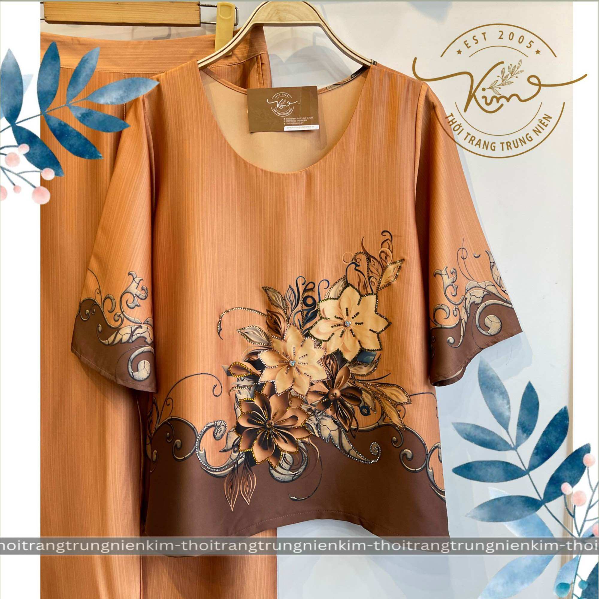 Sét bộ lụa đính đá trung niên cao cấp hoa văn hoạ tiết sang trọng Bigsize quần dài 90cm
