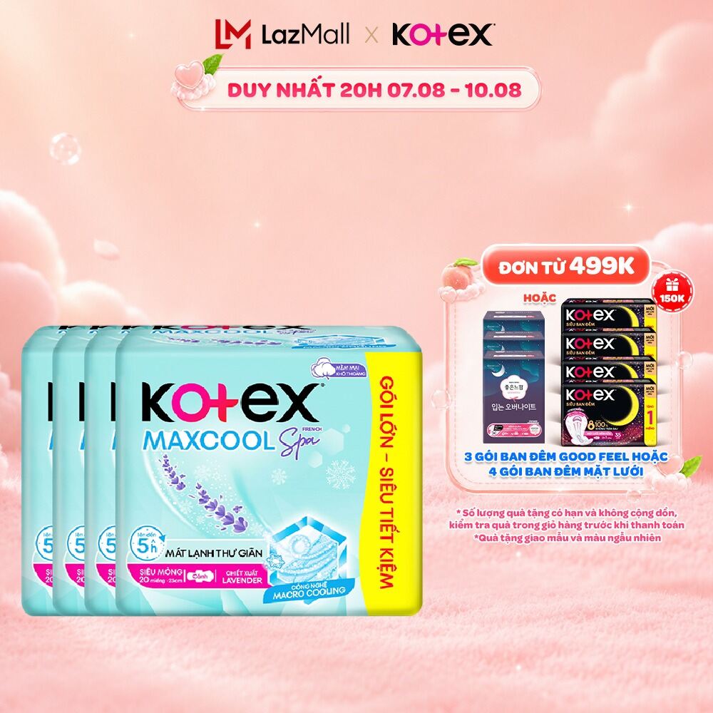 [Bao Bì Thay Đổi Theo Từng Đợt Nhập Hàng] Combo 4/Combo 8 gói băng vệ sinh Kotex Maxcool French Spa Siêu mỏng cánh 23cm (20M/gói)