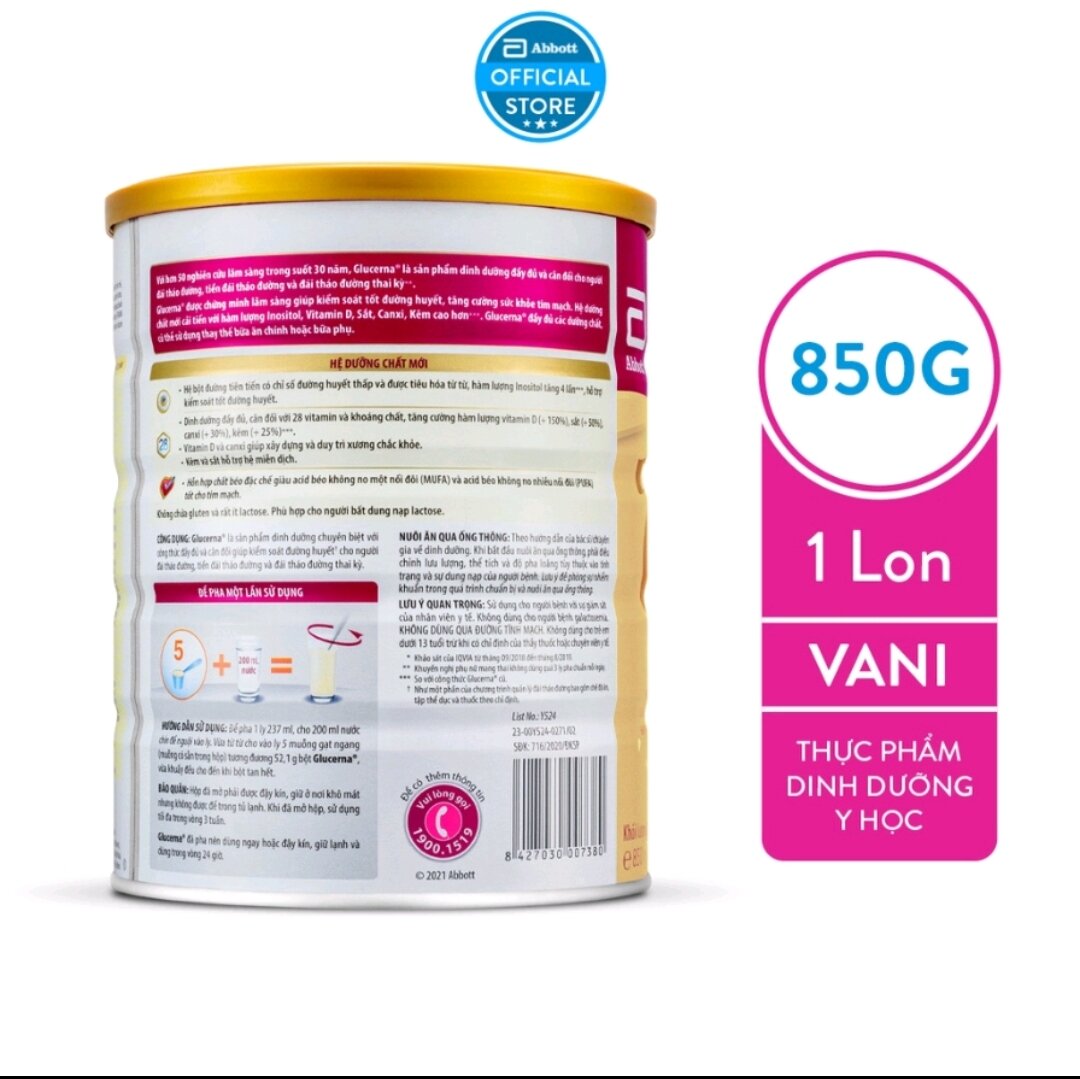 Sữa Bột Glucerna 850g - Hương Vani [Date Mới]