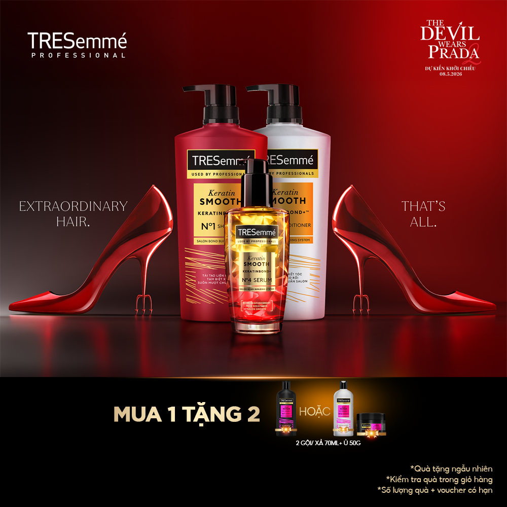 [TẶNG SẤY] Combo Dầu Gội, Dầu Xả, Serum TRESemmé Keratin Smooth Keratinbond+ 640g, 620g, 100ml Cho Tóc Khô Xơ Rối Vào Nếp Suôn Mượt