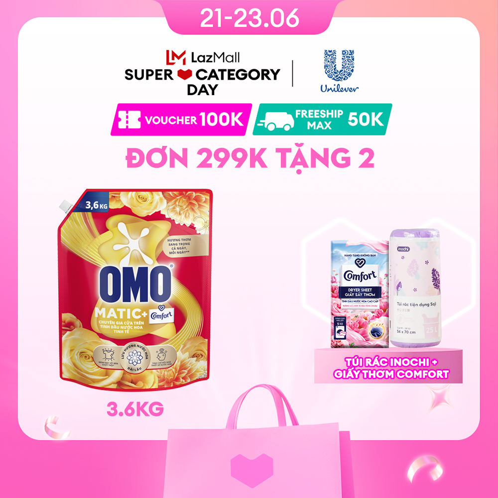 Nước giặt OMO Matic Comfort hương Tinh dầu thơm cho máy giặt cửa trên, xoáy bay vết bẩn, hương thơm bền lâu, túi 3.6kg/4,1kg
