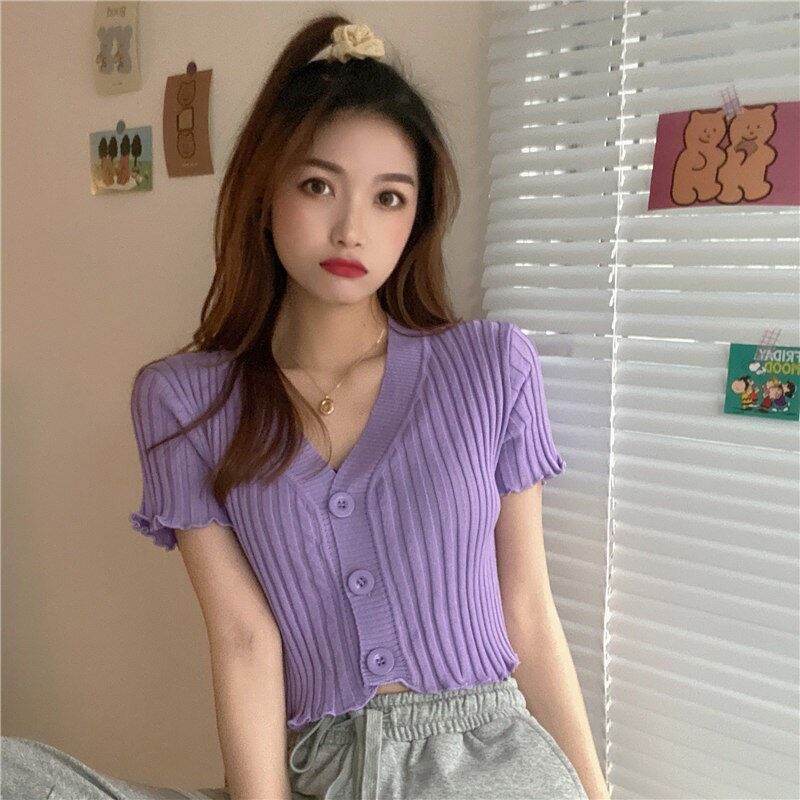 Áo kiểu thun gân gài nút tay ngắn