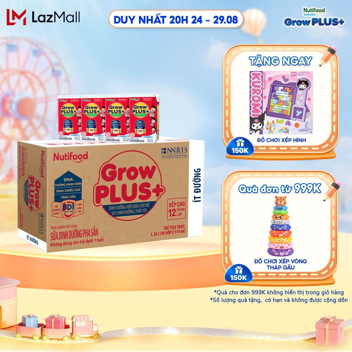 Thùng Sữa Bột Pha Sẵn Nutifood GrowPLUS+ Suy Dinh Dưỡng Ít Đường Trên 1 Tuổi - Tăng Cân, Tăng Chiều Cao (48 Hộp x 110ml)