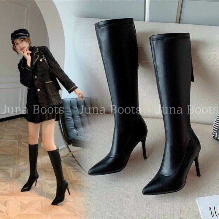 Bốt đùi nữ quảng châu gót nhọn cao 8p da mềm co giãn nhẹ đi ôm chân - Giày boots quảng châu sang chảnh