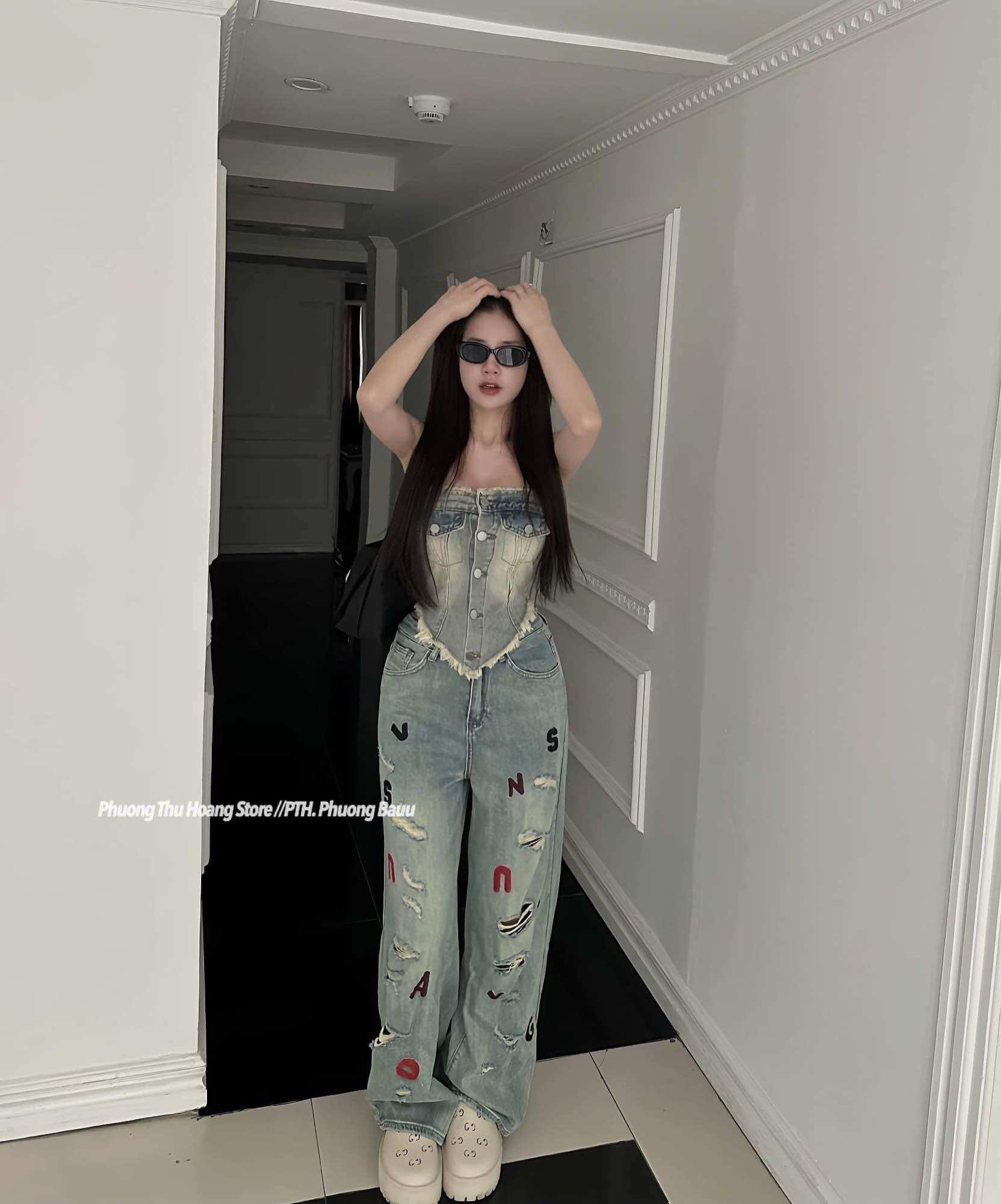 Áo kiểu nữ quây jeans vạt chéo kh