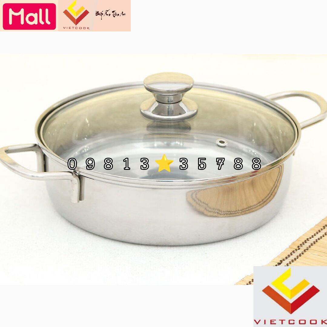 Nồi lẩu inox nắp kính vietcook đủ size 20, 22, 24, 26, 28, 30 cm , nồi lẩu 3 đáy từ cao cấp