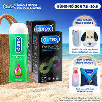 Bộ 2 hộp bao cao su Durex Performa kéo dài thời gian (size 52mm, 12 bao/hộp) và 1 chai gel bôi trơn Durex Massage 2n1 200ml