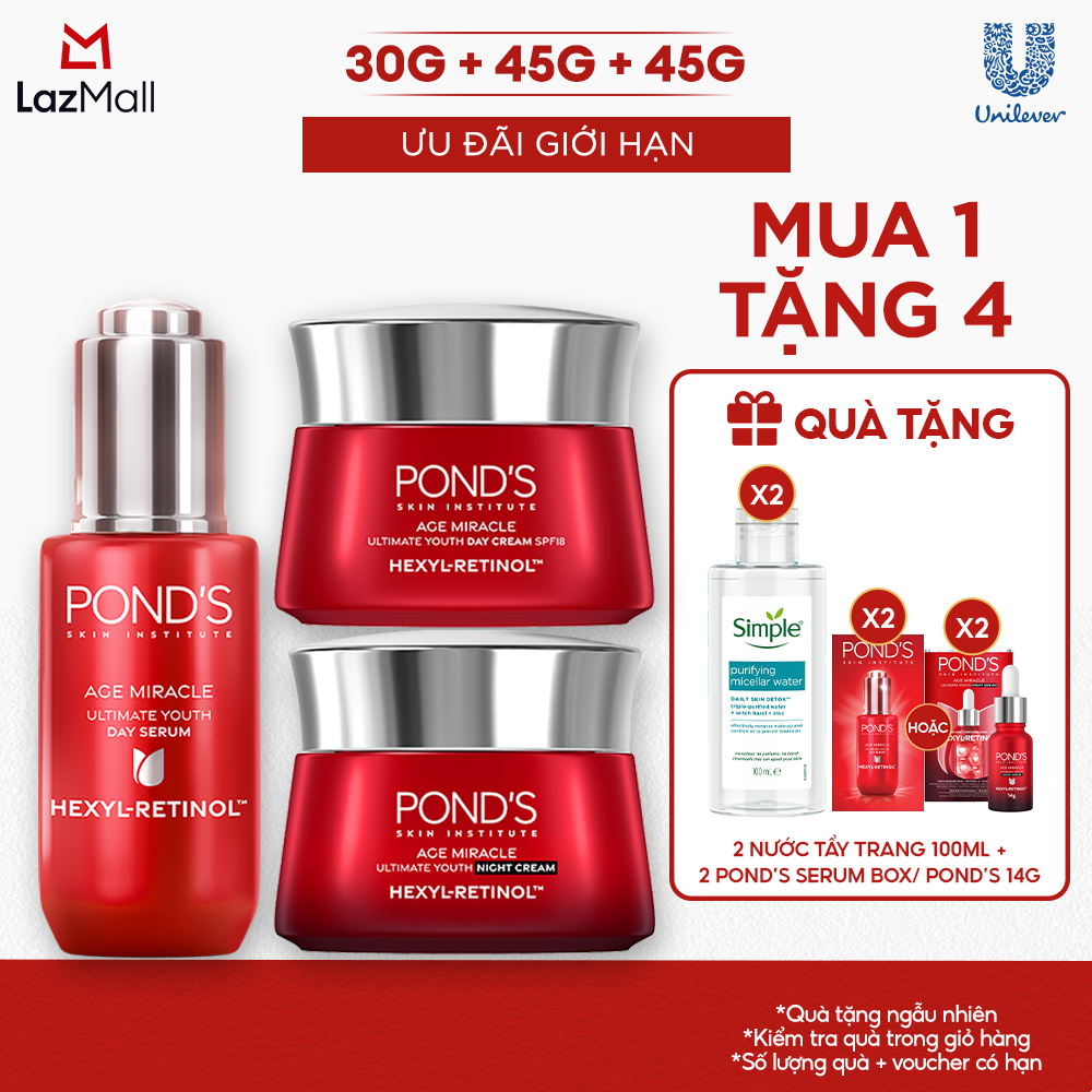 Combo Serum ngày và 2 Kem dưỡng ngày  đêm Pond's Age Miracle mờ đốm nâu, nếp nhăn với 50X Hexyl-Retinol 30G+45G+45G