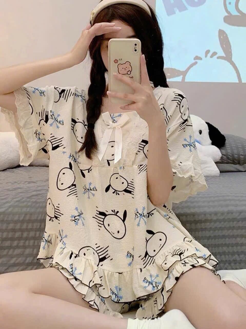 Sét bộ đùi pyjama gân ren nơ phối bèo