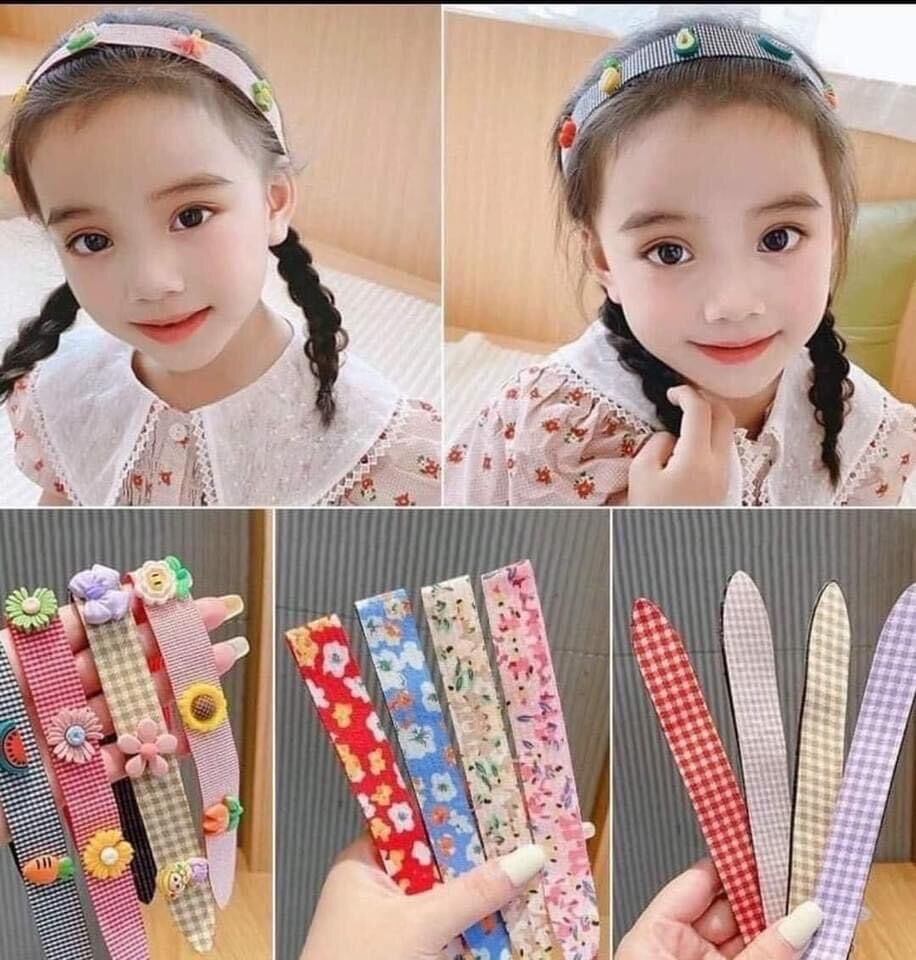 Băng đô dán cài tóc đính hoa, trái cây dễ thương cho các bé, bờm tóc dán gấp gọn trẻ em