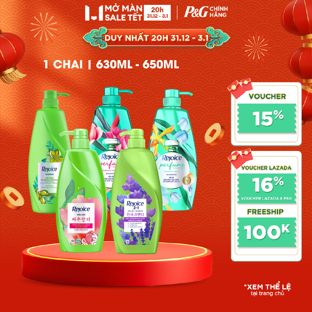  Dầu Gội REJOICE Siêu Mềm Mượt Sạch Gàu 3IN1  Ngăn Rụng Tóc  Hoa Hồng  Hoa Mẫu Đơn  Hoa Hồng JeJu  Lavender Chai 630ML 
