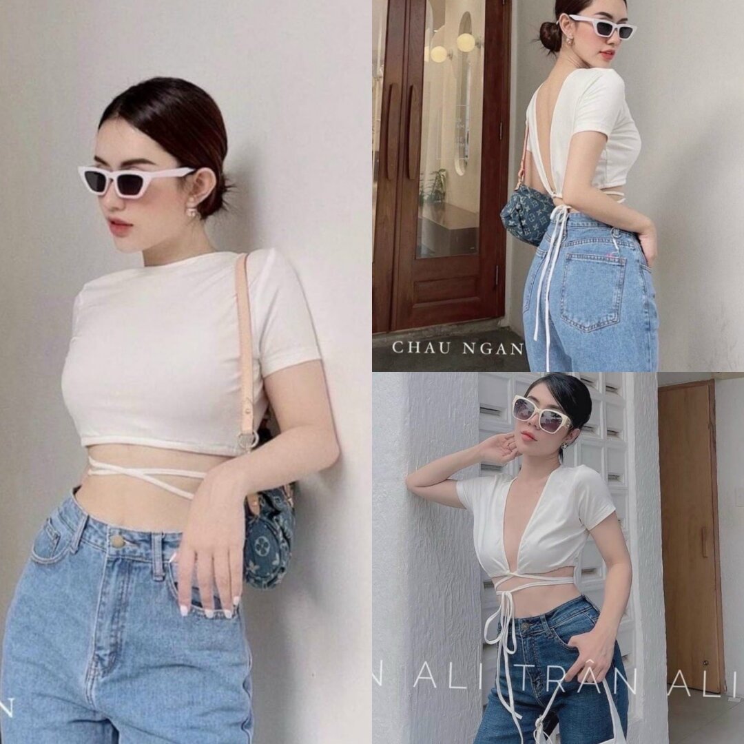 Áo Đắp Chéo Dây Quấn Eo Tay Ngắn Sexy