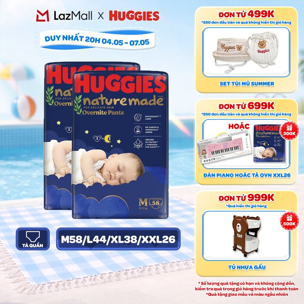 Combo 2 Tã quần Huggies Naturemade ban đêm M58/L44/XL38/XXL26
