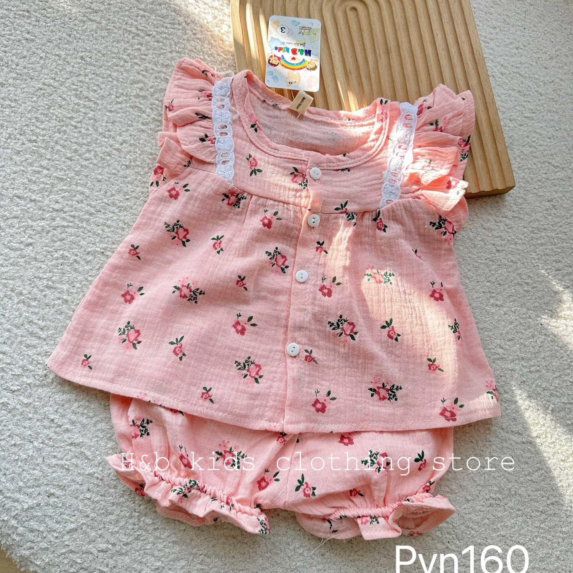 NT198 Bộ xô Muslin, bộ sát nách dáng cánh tiên, quần bèo cài cúc dọc cho bé gái
