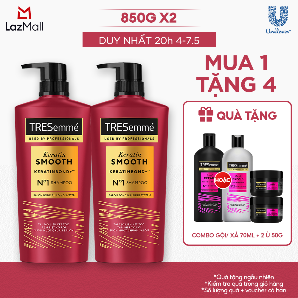 Combo 2 Dầu Gội TRESemmé Keratin Smooth Keratinbond+ Cho Tóc Khô Xơ Rối Vào Nếp Suôn Mượt (850gx2)