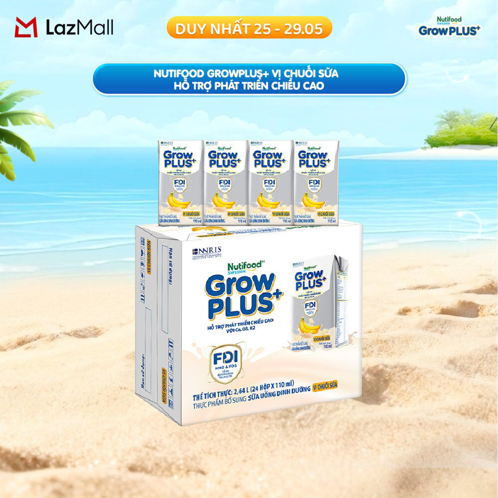 Thùng 24 hộp Sữa bột pha sẵn Nutifood Sweden GrowPLUS+ Vị Chuối Sữa hộp 110ml - Hỗ trợ phát triển chiều cao -  (24 hộp x 110ml)