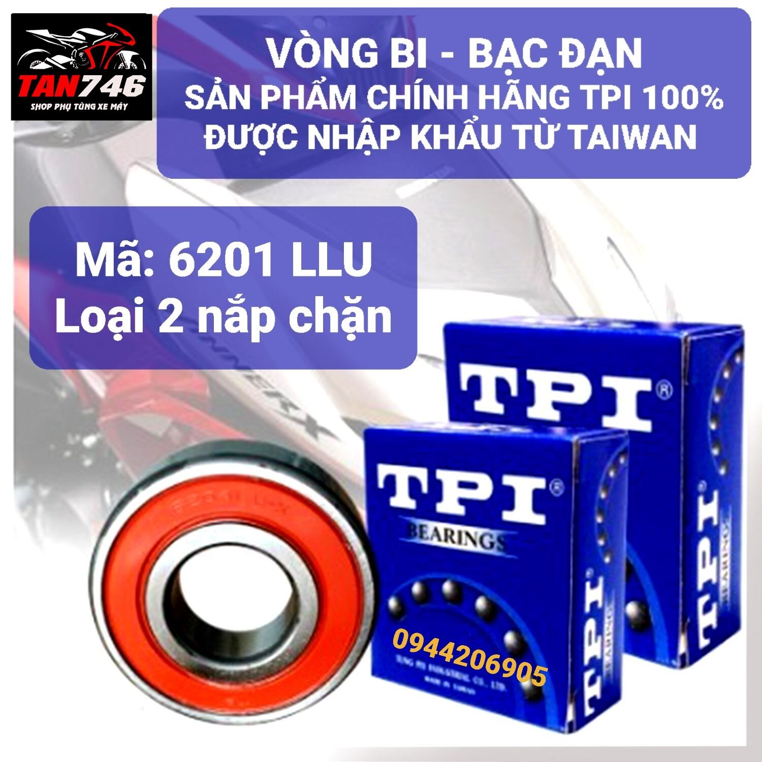 Vòng bi, bạc đạn tpi 6201 llu. loại có 2 nắp chặn bằng nhựa tổng hợp. sản phẩm chính hãng của tpi, nhập khẩu từ đài loan.