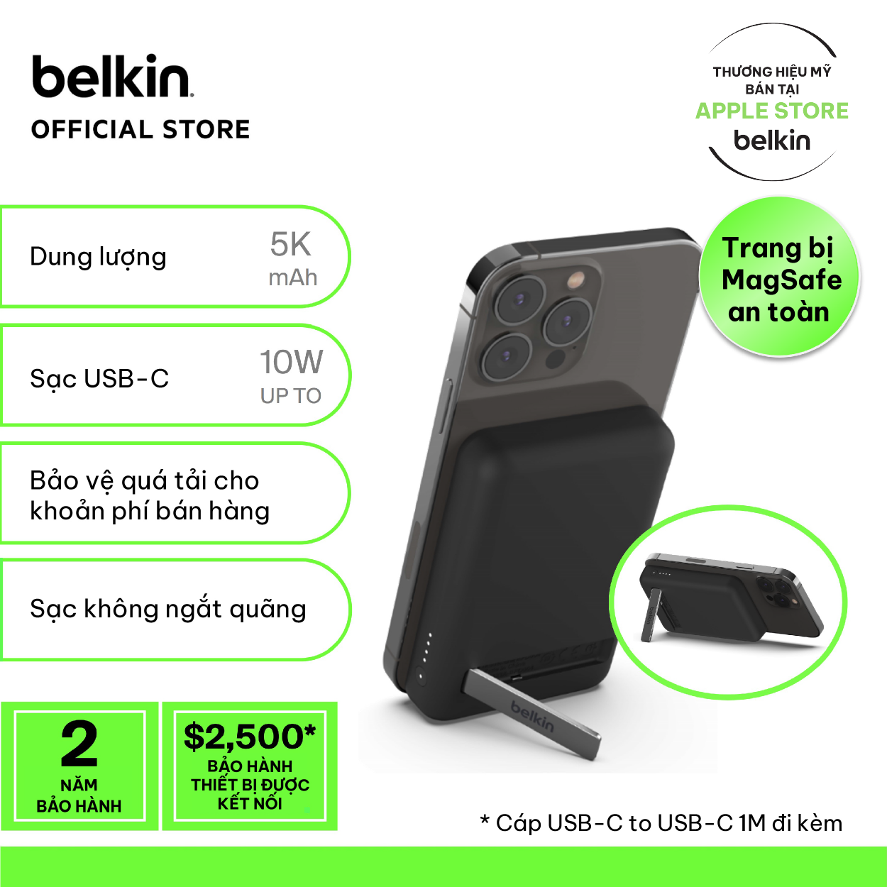 Pin sạc dự phòng không dây BOOSTCHARGE Belkin Magnetic 7.5W - 5.000mAh - có chân chống - cáp đi kèm 