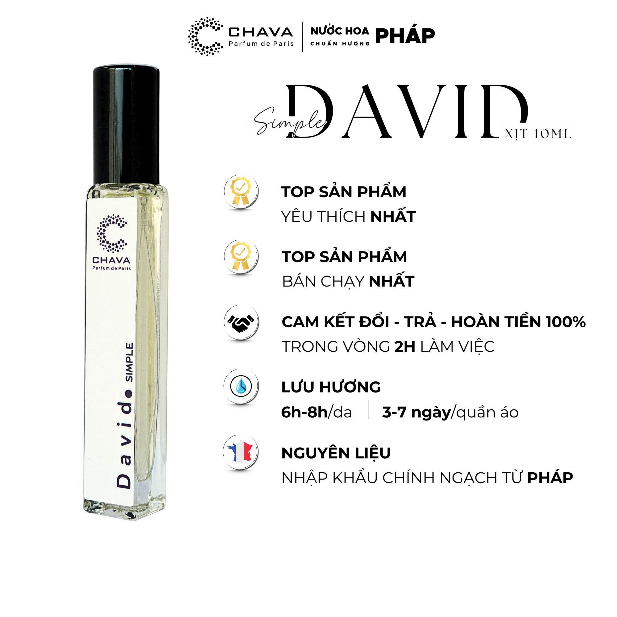 [Chính Hãng] Nước hoa Nam Chava David 10ml, EDP lưu hương 8 tiếng, hương gỗ ấm áp, thanh lịch, nam tính