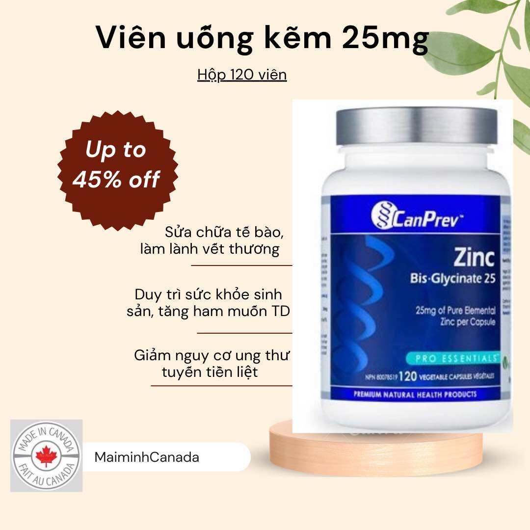 Viên kẽm zinc Bis Glycinate 25mg Canprev Canada 120 viên