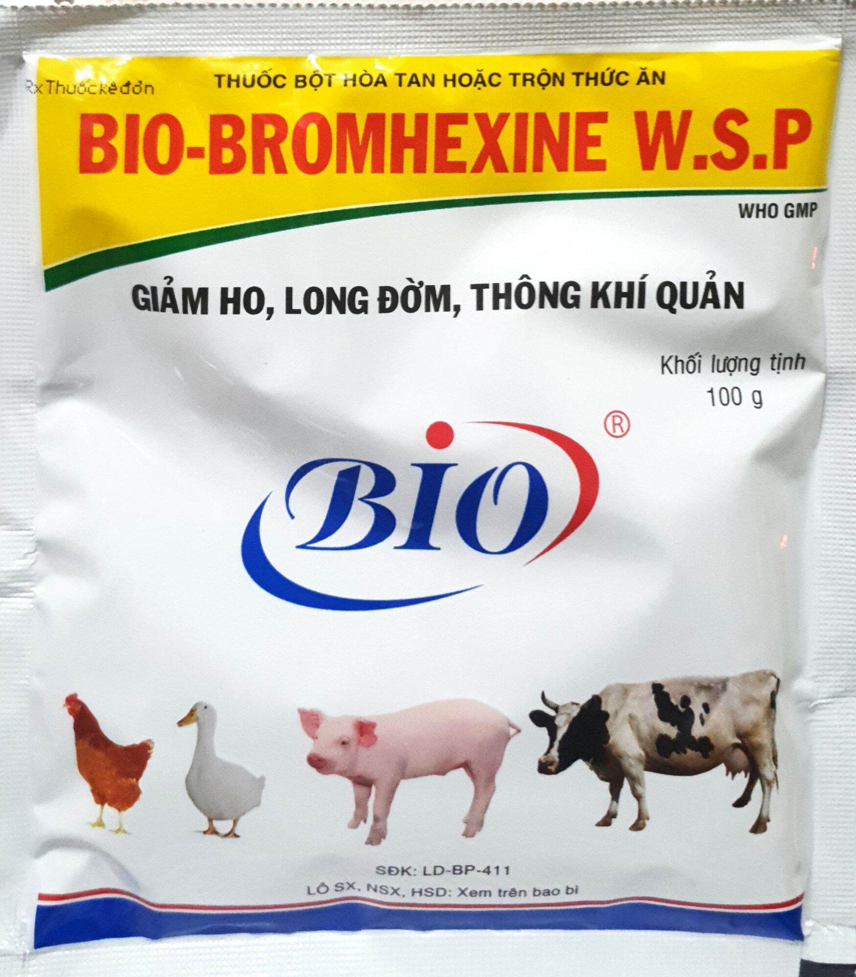 Bio BROMHEXINE WSP (100gr) - Giảm ho, long đờm, thông khí quản cho gà đá, vịt, heo, bò (Tan trong nước)