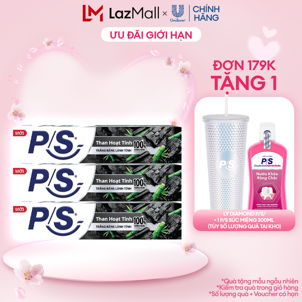 Bộ 3 Kem Đánh Răng P/S Than Hoạt Tính Trắng Răng Lành Tính - 100% Kiểm Chứng 230g/ hộp